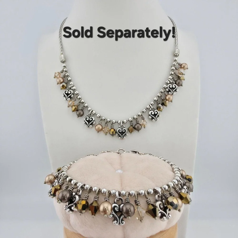 BRIGHTON 'Cannes' Fringe Collar Necklace Scroll Heart Crystal Silver Plate 18